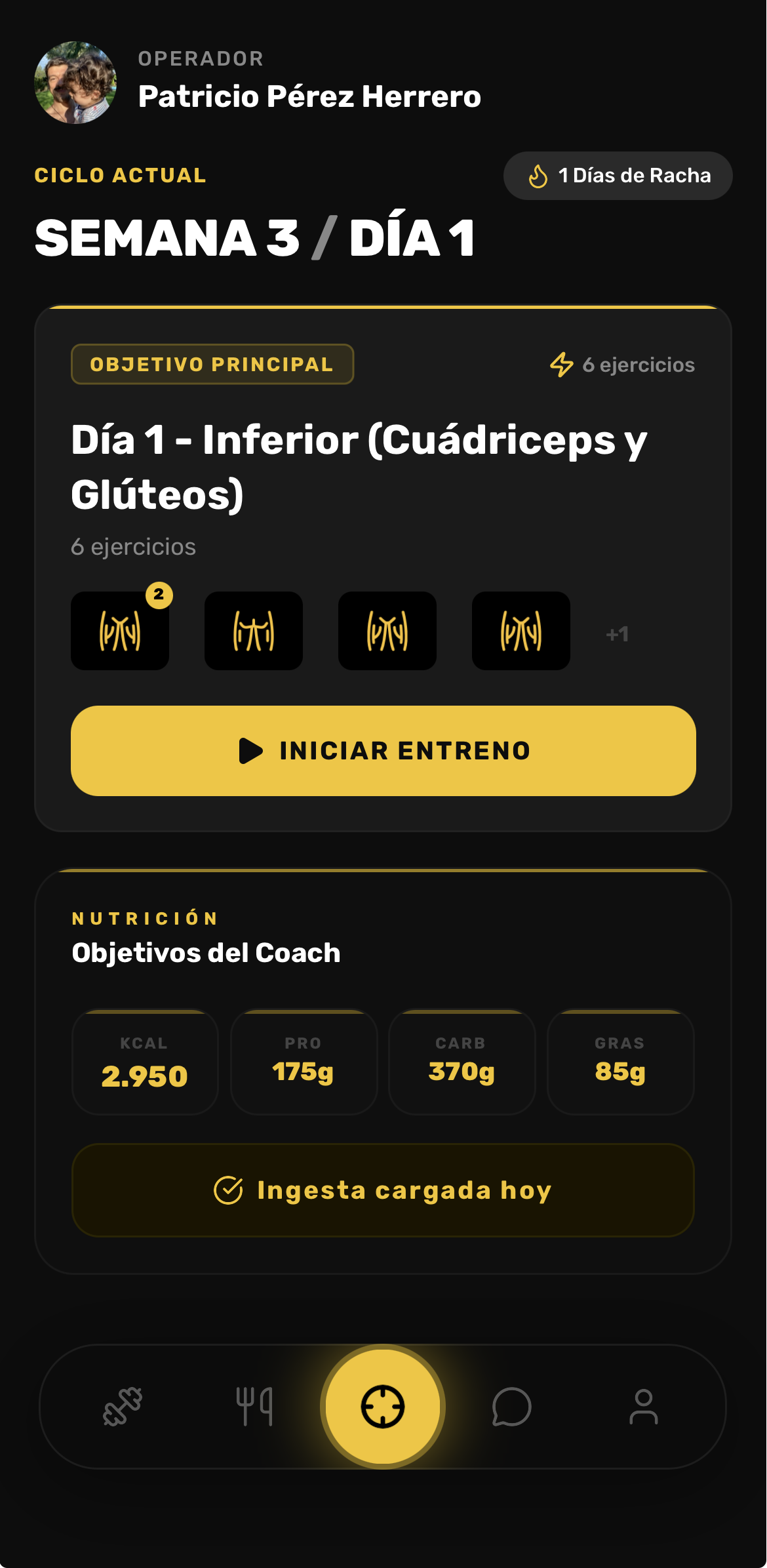 App de entrenamiento — inicio del día con entreno y nutrición