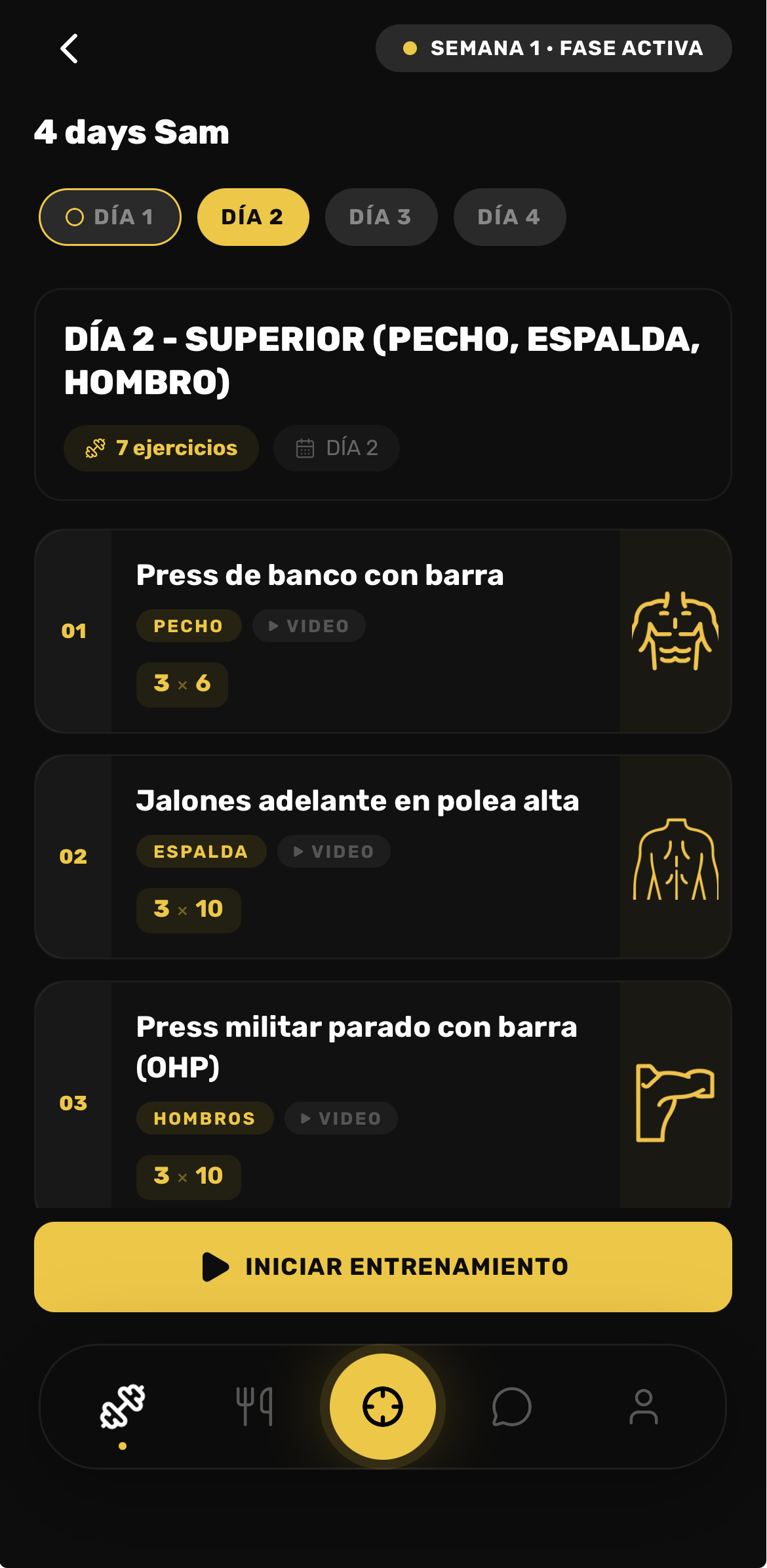 App de entrenamiento — pantalla de seguimiento