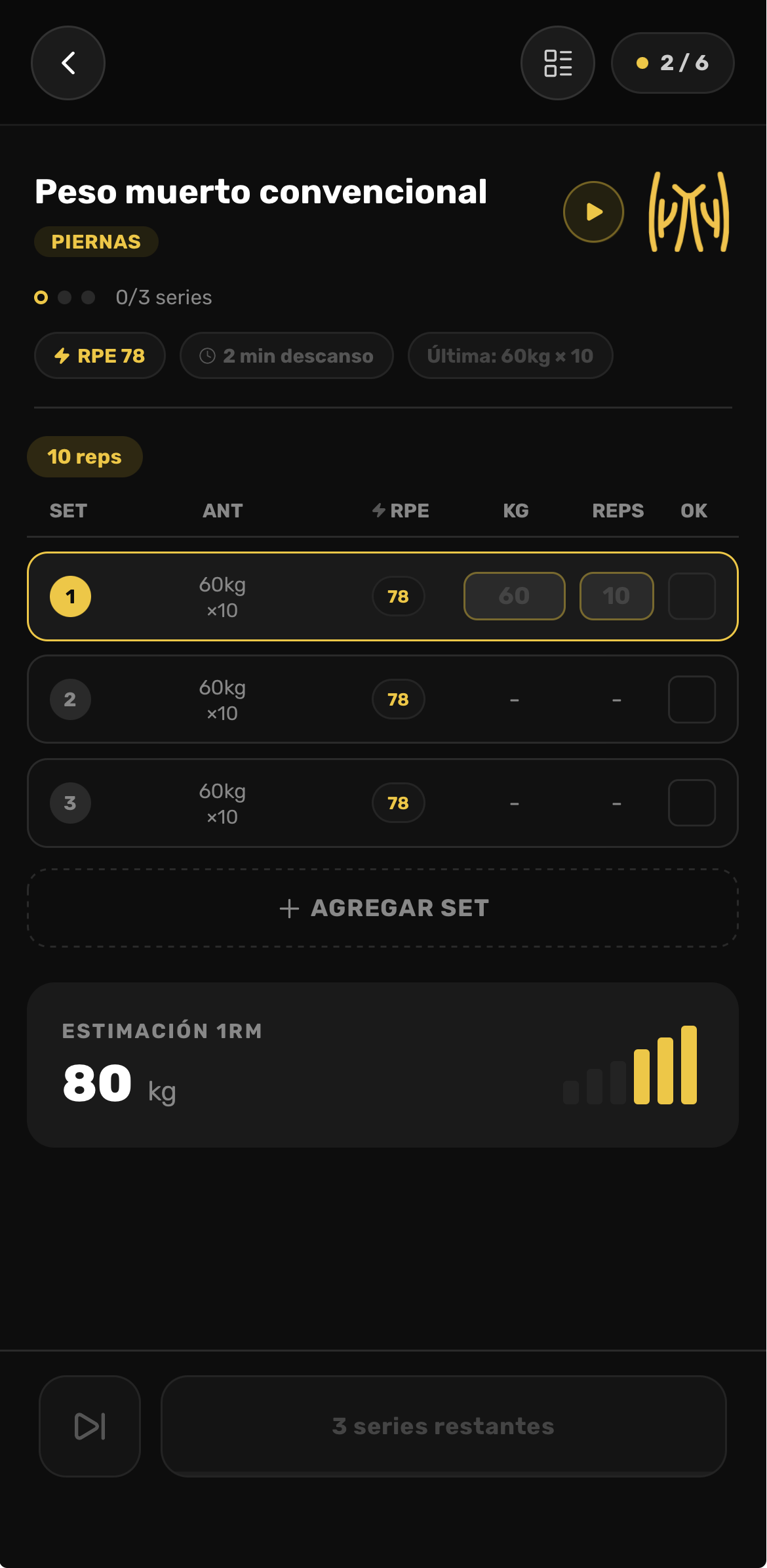 App de entrenamiento — registro de series y peso
